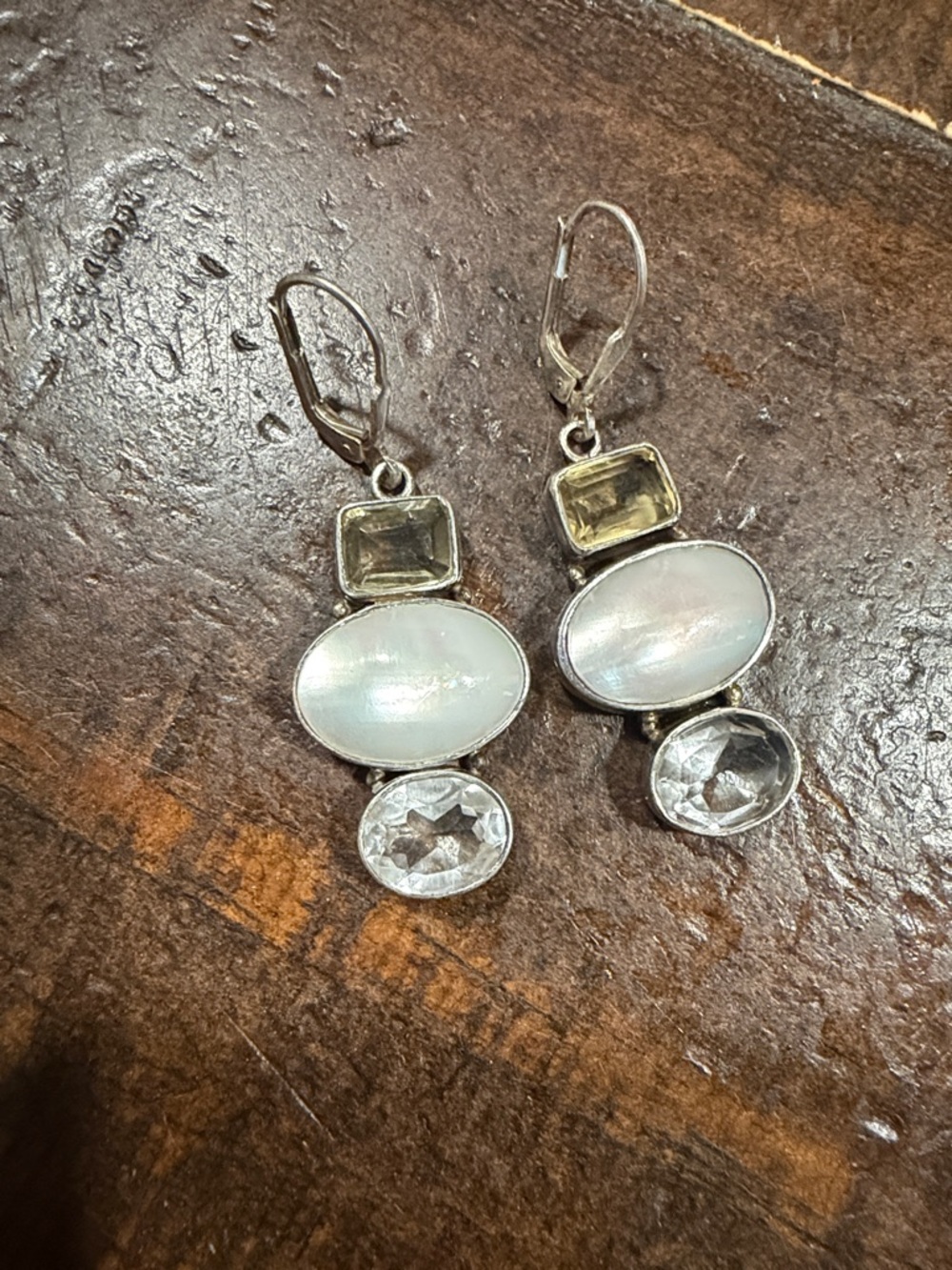 Silver Drop Earrings with White Mother-of-Pearl and Clear Gemstones